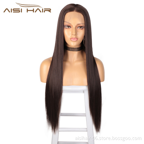 Aisi Hair Long Silky Straight Wave Brown Wig Cheap Swiss Lace Wig Synthetic Hair Lace Frontal Wigs For Black White Women
